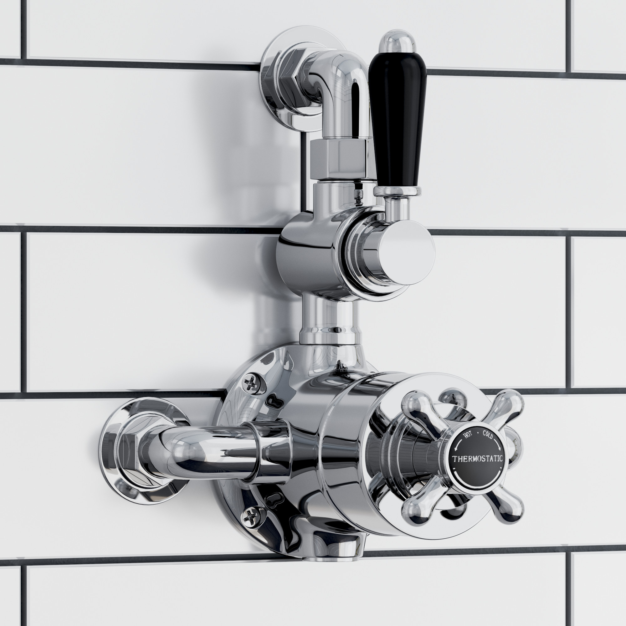 ENKI, Downton, T100, Traditional Thermostatic Shower Valve with Return to Wall Bend, Semi-Concealed Shower Valve, Chrome and Black image